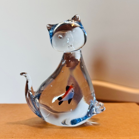 22. Hand Blown Art Glass Cat Figurine with Encased Fish | Studio Glass Decor - Picture 2 of 7